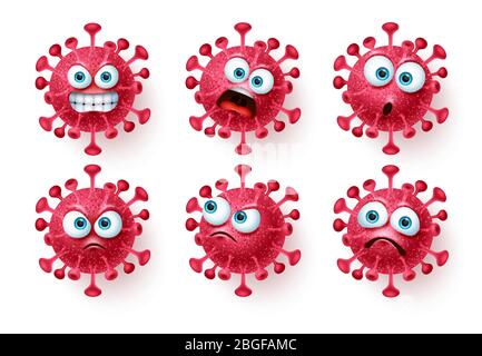 Ensemble de vecteurs d'icônes du virus de Corona. Covid corona virus icône et émoticônes avec des expressions faciales effrayantes et en colère isolées en blanc. Illustration de Vecteur