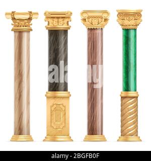 Architecture arabe classique colonnes dorées avec pilier en marbre de pierre vecteur isolé. Colonne de marbre, pilier de la culture classique grèce ou illustration romaine Illustration de Vecteur