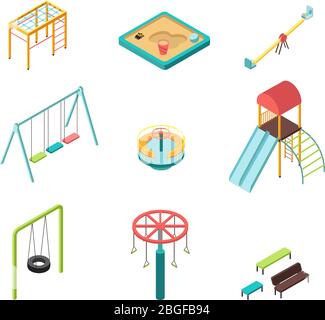 Éléments vectoriels de terrain de jeu pour enfants isométriques en relief isolés. Illustration de la lame et de l'oscillation, échelle et bac à sable pour le terrain de jeu Illustration de Vecteur