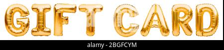 Golden Words CARTE CADEAU faite de ballons gonflables isolés sur blanc. Loterie et prix, cadeaux, publicité, marketing. Marketing des médias sociaux et Banque D'Images