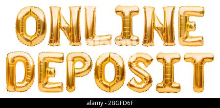 Mots EN LIGNE DÉPÔT fait de ballons gonflables dorés isolés sur fond blanc. Ballons d'hélium feuille d'or formant dépôt de mot. Affaires Banque D'Images