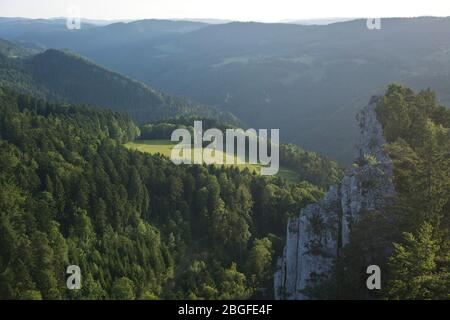 Blick vom Felskamm les Sommètres à die Schlucht des Doubs im gleichnamigen Naturapark Banque D'Images