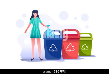 La fille jette un sac poubelle. Comportement correct de collecte de déchets différents types de déchets. Illustration de Vecteur