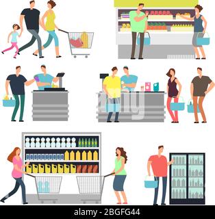 Magasins d'achats dans le supermarché. Les acheteurs de famille et les employés de magasin dans les icônes vectorielles du centre commercial sont définis. Supermarché et client, client dans l'épicerie au détail illlustration Illustration de Vecteur