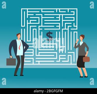 Homme d'affaires confus pensant à passer le labyrinthe et obtenir de l'argent. Concept de vecteur de travail d'équipe et de carrière. Labyrinthe de solution et stratégie, défi et problème, illustration du labyrinthe d'affaires Illustration de Vecteur