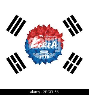 Magnifique motif emblème de la calligraphie coréenne, de la fleur de Mugunghwa et du drapeau de Corée Illustration de Vecteur