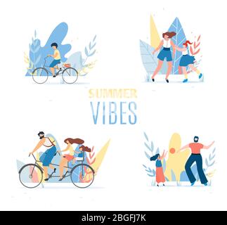 L'été Vibes Set avec des membres de famille heureux au repos. Les parents de dessins animés et les enfants qui s'amusent, jouent au bal, font du vélo ensemble ou le long. Illustration plate vectorielle Illustration de Vecteur