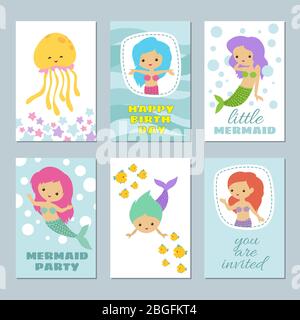 Joli bébé mermaids anniversaire carte de vœux modèles vectoriels. Invitation de sirène à l'illustration de fête d'anniversaire Illustration de Vecteur