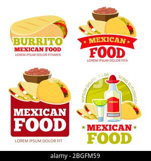 Badges vectoriels, étiquettes, logos et emblèmes du restaurant mexicain de la restauration. Logo et étiquette du restaurant mexicain, emblème avec illustration de la nourriture Illustration de Vecteur