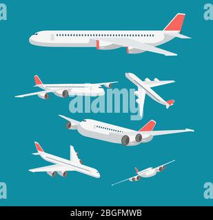 Charte avion plat dans divers points de vue. Les symboles de voyage et de vecteur d'aviation civils sont isolés. Charte d'avion, avion avec aile, illustration de voyage de vol d'aviation Illustration de Vecteur