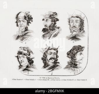 Six rois espagnols. Ils sont nommés dans la légende sous les portraits. De Las Glorias Nacionales, publié à Madrid et Barcelone, 1852. Banque D'Images