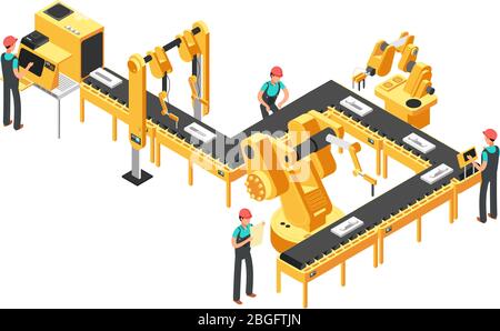 Ligne de production automatisée, convoyeur d'usine avec travailleurs et bras robotiques isométrique concept de vecteur industriel. Illustration du travail du convoyeur de commande industriel Illustration de Vecteur