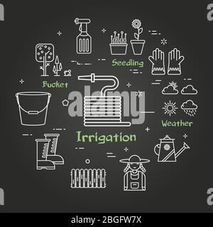 Jardinage et agriculture noir vectoriel linéaire - irrigation Illustration de Vecteur