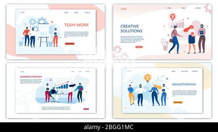 Jeu de pages de renvoi pour optimisation et développement. Applications mobiles et solutions professionnelles. Personnages hommes et femmes travaillant dans l'équipe SEO. Modifier et Illustration de Vecteur