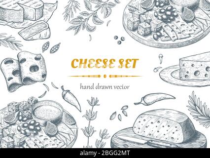 Jeu de cadres de vue supérieure de fromage. Illustration vectorielle. Illustration gravée. Illustration de Vecteur