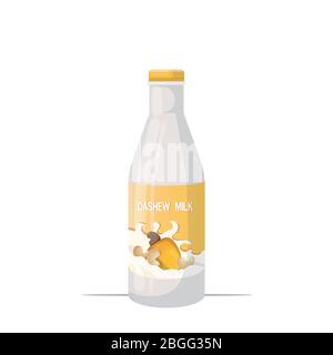 vegan cajou usine à base de lait en verre bouteille bio sans lait cru naturel lait de légumes saine boisson de vache alternative isolé illustration vectorielle Illustration de Vecteur