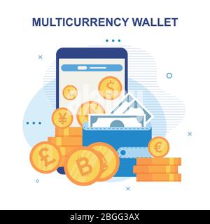 Publicité pour l'application mobile de portefeuille multidevise. Écran smartphone, piles or, porte-monnaie fermé avec banknote en espèces. Dollars, euros, livres, Illustration de Vecteur