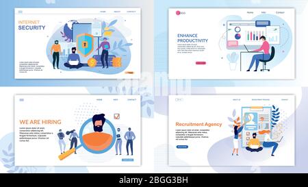 Jeu de pages d'accueil plates pour les entreprises et la sécurité. Protection Internet compte privé, données et finances, outils pour améliorer la productivité et le Recru en ligne Illustration de Vecteur