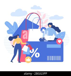 Femmes Shopping en ligne via le réseau social utiliser Mobile Gadgets. Filles assis avec ordinateur portable, Lady promenades avec des achats dans des sacs Holding téléphone. Remise énorme Illustration de Vecteur