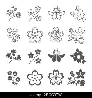 Jeu d'icônes de ligne et de silhouette de fleurs de printemps. Fleur plante fleur ressort, fleur nature, illustration vectorielle Illustration de Vecteur