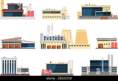 Usine industrielle, centrale électrique et bâtiments d'entrepôt. Icônes plates vectorielles de construction industrielle. Illustration de l'usine et de l'usine, de l'entrepôt et de la raffinerie Illustration de Vecteur