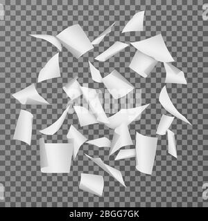 Feuilles de documents papier volantes. La chute de pages blanches blanches en relief est isolée. Page blanche du papier, feuille de document vide Illustration de Vecteur