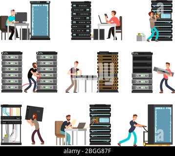 Ingénieur, technicien travaillant dans la salle de serveurs. Prise en charge du centre informatique numérique, stockage de données. Jeu de caractères de dessin animé vectoriel. Système de stockage d'illustrations, technologie de support de sécurité et de diagnostic Illustration de Vecteur