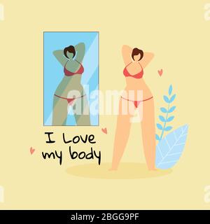 J'aime mon corps. Personnage féminin plus de taille dans le bikini rouge admirez d'elle-même debout à Big Mirror sur fond jaune avec herbes. Corps positif, Amour Illustration de Vecteur