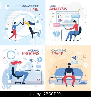 Bandeau de travail avec les employés de bureau de dessin animé. Gestion du temps, processus de workflow, analyse des données, espace de coworking. Freelance, Entrepreneur, revendeur Illustration de Vecteur