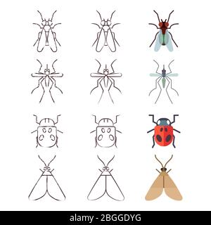 Icônes plates, lignes et skech de l'ensemble d'insectes. Illustration vectorielle Illustration de Vecteur