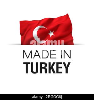 Fabriqué en Turquie - étiquette de garantie avec un drapeau turc agitant. Banque D'Images