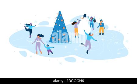 Un plaisir d'hiver à l'illustration plate pour les enfants et les adultes. Vecteur sur fond blanc. Les jeunes gens joyeux de groupe avec enfants s'entraînent sur une patinoire Illustration de Vecteur