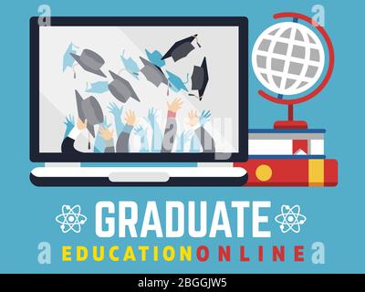 Concept de diplôme d'études en ligne. Vidéo informatique et apprentissage, étude de graduation, illustration vectorielle Illustration de Vecteur