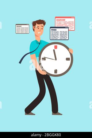 Employé stressé tenant l'horloge avec l'heure de la course. Concept de vecteur de date limite. Stress des employés tenant une grande montre illustration Illustration de Vecteur