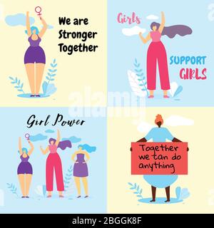 Ensemble de bannière colorée avec les filles féministes braves lutte pour les droits des femmes, Citations féministes. Pouvoir des filles, idée féminine, autonomisation des femmes. Fête des femmes Illustration de Vecteur
