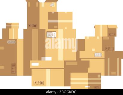Tas de boîtes en carton de produits scellés. Pile de boîtes de messagerie isolée. Concept vectoriel de livraison et de fret. Illustration de l'emballage et du carton, emballage pour livraison Illustration de Vecteur