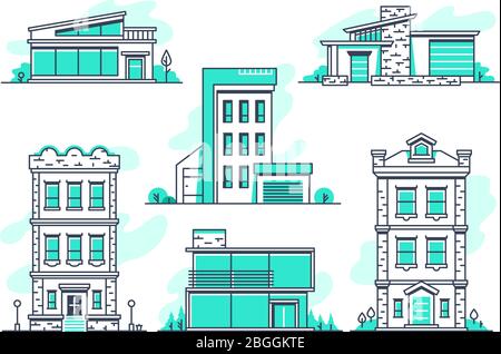 Maisons et bâtiments et icônes de lignes d'hébergement. Architecture moderne contour symbos isolé. Architecture domestique, garage et logement, illustration vectorielle Illustration de Vecteur