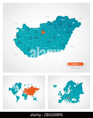 Modèle modifiable de carte de Hongrie avec des marques. Hongrie sur la carte du monde et sur la carte de l'Europe. Illustration de Vecteur