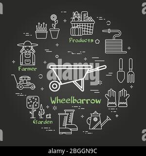 Jardinage et agriculture noir vectoriel linéaire - Wheelbarrow Illustration de Vecteur