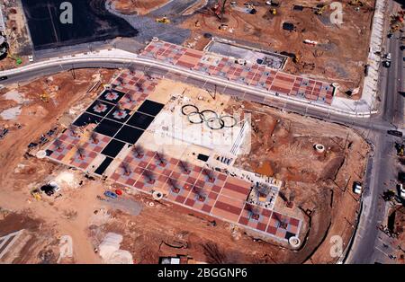 Photographies aériennes de la construction du parc olympique Centennial dans le centre-ville d'Atlanta, en Géorgie. Banque D'Images