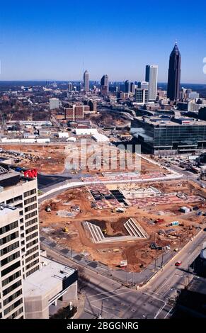 Photographies aériennes de la construction du parc olympique Centennial dans le centre-ville d'Atlanta, en Géorgie. Banque D'Images