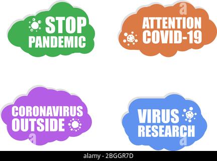 Icône coronavirus. Icône Arrêt pandémique. Coronavirus à l'extérieur. Attention de Covid 19. Recherche sur les virus. Ensemble de panneaux isolé sur fond blanc Banque D'Images