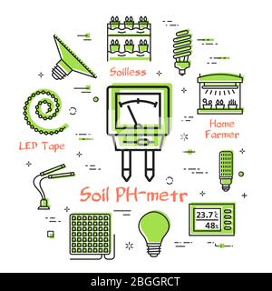 Concept vectoriel de lumière hydroponique et de croissance - pH-mètre du sol Illustration de Vecteur