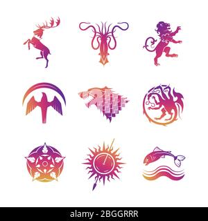 Des icônes vectorielles héraldiques lumineuses avec des animaux et des symboles trône silhouettes illustration Illustration de Vecteur