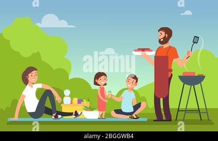 Famille au pique-nique d'été. Les gens qui sont dans la fête du barbecue mangent de la nourriture. Concept vectoriel extérieur barbecue et barbecue. Barbecue, viande barbecue sur l'illustration de la nature Illustration de Vecteur