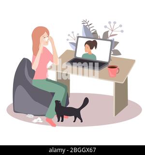 Pleurer une femme assise à sa réception devant son ordinateur portable ayant un appel en ligne avec son thérapeute. Illustration vectorielle Illustration de Vecteur