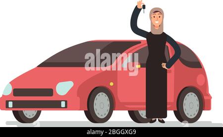 Une femme musulmane arabe heureuse qui obtient un permis de conduire et une voiture personnelle. Illustration vectorielle de dessin animé. Chauffeur de fille arabe et voiture rouge Illustration de Vecteur