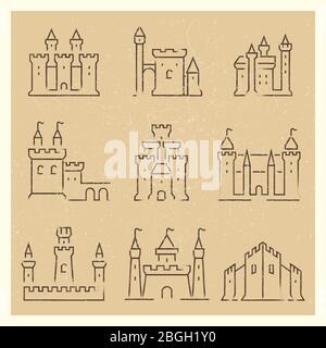 Ensemble de châteaux médiévaux ligne icos. Architecture de bâtiment de tour, collection de forteresse, illustration vectorielle Illustration de Vecteur