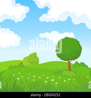 Paysage d'été de dessin animé avec arbres verts et nuages blancs dans le ciel bleu. Parc forestier fond vectoriel panoramique. Parc vert d'été, paysage naturel, illustration de l'herbe de champ Illustration de Vecteur