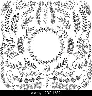 Branches tracées à la main avec feuilles. Cadres décoratifs à bordure en couronne fleurie. Ensemble de vecteurs de gribouille rustique. Illustration de la branche rustique fleurie, feuille de gribouille vintage Illustration de Vecteur